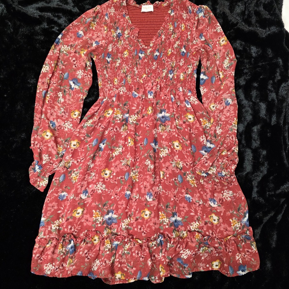 Hailey & Co Floral Mini Dress Women Small Rust Red Smocked‎ Chiffon, GUC